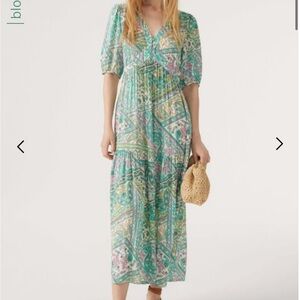 ba&sh Green & pink empire waist puff Sleeve Sundress